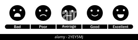 Évaluation des commentaires icône vectorielle emojis définie en noir et blanc. Ensemble d'icônes emojis d'évaluation des commentaires. Excellent, bon, neutre, mauvais et très mauvais emoji Illustration de Vecteur