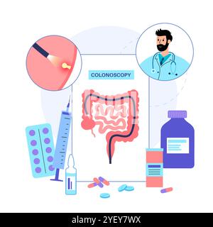 Illustration conceptuelle d'un procédé de coloscopie. Il s'agit d'un examen de l'intérieur de votre gros intestin, qui comprend le côlon, le rectum et l'anus. Il peut être utilisé pour explorer les causes possibles des douleurs abdominales, des saignements rectaux, des diarrhées chroniques et d'autres problèmes gastro-intestinaux. Il est également utilisé pour rechercher des signes possibles de cancer colorectal ou de polypes. Banque D'Images