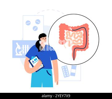 Illustration conceptuelle d'un procédé de coloscopie. Il s'agit d'un examen de l'intérieur de votre gros intestin, qui comprend le côlon, le rectum et l'anus. Il peut être utilisé pour explorer les causes possibles des douleurs abdominales, des saignements rectaux, des diarrhées chroniques et d'autres problèmes gastro-intestinaux. Il est également utilisé pour rechercher des signes possibles de cancer colorectal ou de polypes. Banque D'Images