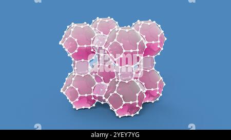 Illustration de la structure moléculaire d'une charpente zéolithique. Les zéolithes sont des minéraux aluminosilicatés hydratés et ont une structure microporeuse. Ils ont la formule générale (MAlO2)(SiO2)x(H2O)y où M est habituellement hydrogène (H+) et sodium (Na+). Les zéolithes peuvent avoir des structures de charpente différentes ; il s'agit de la forme courante de zéolithe Linde type A. Les matériaux zéolitiques sont utilisés dans les systèmes de purification de l'eau, d'assainissement des sols et de traitement des déchets, et sont étudiés pour capter et stocker les gaz à effet de serre, y compris le CO2. Banque D'Images