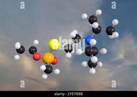 Illustration par ordinateur d'un modèle de balle et de bâton de VX, un agent neurotoxique de guerre chimique développé dans les années 1950 à Porton Down, Royaume-Uni. Il était basé sur un pesticide développé par ici qui s'est avéré trop dangereux à utiliser. Les atomes sont représentés par des sphères et ont un code couleur : hydrogène (blanc), carbone (noir), oxygène (rouge), azote (bleu), soufre (jaune) et phosphore (orange). Banque D'Images