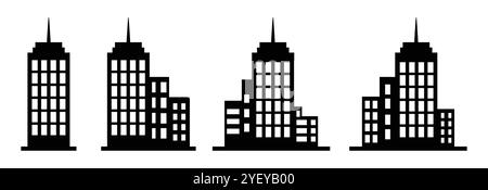 Icône de construction de silhouette définir une forme différente. Ensemble isolé d'icône de vecteur de silhouette de bâtiment de ville. Symbole de signe d'appartement couleur noir et blanc. Illustration de Vecteur