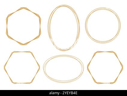 Ensemble de cadres dorés de contour sur fond blanc. Hexagone, rond, ellipse éléments décoratifs pour invitation de mariage, grande ouverture, carte de voeux Illustration de Vecteur