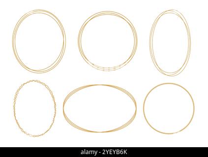 Ensemble de cadres dorés de contour sur fond blanc. Ronds, Ellipse décoratifs pour invitation de mariage, grande ouverture, carte de voeux, certificat Illustration de Vecteur