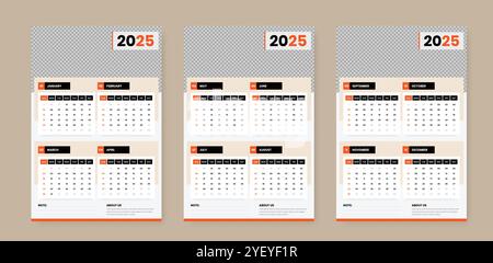 Calendrier mural simple de 3 pages pour l'année 2025 avec image de couverture placeholder, semaine à partir du dimanche Illustration de Vecteur