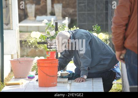 Amealco de Bonfil, Mexique. 01 novembre 2024. Une personne décore les tombes de ses proches avec des fleurs de cempasuchil et tient une veillée au cimetière municipal d'Amealco de Bonfil. Dans le cadre des traditions mexicaines du jour des morts, les gens visitent les tombes de leurs défunts pour passer du temps avec eux, selon les croyances les âmes des défunts rentrent chez eux pour passer du temps avec leurs proches et se nourrir avec la nourriture qui leur est offerte. Le 1er novembre 2024 à Amealco de Bonfil, Mexique. (Photo de Fernando Camacho/ crédit : Eyepix Group/Alamy Live News Banque D'Images