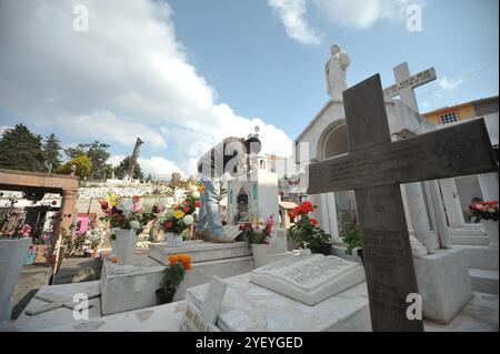 Amealco de Bonfil, Mexique. 01 novembre 2024. Une personne décore les tombes de ses proches avec des fleurs de cempasuchil et tient une veillée au cimetière municipal d'Amealco de Bonfil. Dans le cadre des traditions mexicaines du jour des morts, les gens visitent les tombes de leurs défunts pour passer du temps avec eux, selon les croyances les âmes des défunts rentrent chez eux pour passer du temps avec leurs proches et se nourrir avec la nourriture qui leur est offerte. Le 1er novembre 2024 à Amealco de Bonfil, Mexique. (Photo de Fernando Camacho/ crédit : Eyepix Group/Alamy Live News Banque D'Images