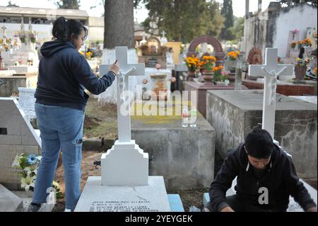 Amealco de Bonfil, Mexique. 01 novembre 2024. Des parents décorent les tombes de leurs proches avec des fleurs de cempasuchil et tiennent une veillée au cimetière municipal d'Amealco de Bonfil. Dans le cadre des traditions mexicaines du jour des morts, les gens visitent les tombes de leurs défunts pour passer du temps avec eux, selon les croyances les âmes des défunts rentrent chez eux pour passer du temps avec leurs proches et se nourrir avec la nourriture qui leur est offerte. Le 1er novembre 2024 à Amealco de Bonfil, Mexique. (Photo de Fernando Camacho/ crédit : Eyepix Group/Alamy Live News Banque D'Images