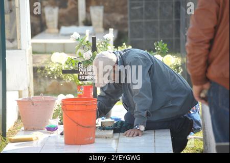 Amealco de Bonfil, Mexique. 01 novembre 2024. Une personne décore les tombes de ses proches avec des fleurs de cempasuchil et tient une veillée au cimetière municipal d'Amealco de Bonfil. Dans le cadre des traditions mexicaines du jour des morts, les gens visitent les tombes de leurs défunts pour passer du temps avec eux, selon les croyances les âmes des défunts rentrent chez eux pour passer du temps avec leurs proches et se nourrir avec la nourriture qui leur est offerte. Le 1er novembre 2024 à Amealco de Bonfil, Mexique. (Photo de Fernando Camacho/Eyepix Group/Sipa USA) crédit : Sipa USA/Alamy Live News Banque D'Images