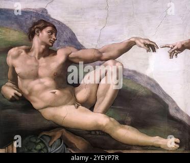 MICHELANGELO di Lodovico Buonarroti Simoni (1475, Caprese, d. 1564, Roma) création d'Adam (détail) 1510 Fresco Cappella Sistina, Vatican le corps d'Adam est rendu avec une grande douceur avec des passages de chiaroscuro, mais aussi avec une forte accentuation sculpturale. Vasari décrit Adam comme «une figure dont la beauté, la pose et les contours sont d'une telle qualité qu'il semble nouvellement créé par son suprême et premier Créateur plutôt que par le pinceau et la conception d'un simple mortel». --- mots-clés : ------------- Auteur : MICHELANGELO di Lodovico Buonarroti Simoni titre : création d'Adam (détail) chronologie : 1501 Banque D'Images