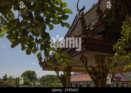 Une vue rapprochée d'un toit de temple thaïlandais traditionnel décoré de sculptures ornées et de pigeons perchés, encadrés par des feuilles vertes luxuriantes sur un bleu clair Banque D'Images