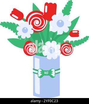 Illustration graphique vectorielle de bouquet festif dans une palette vibrante dans un style de dessin animé solide. Délicieux mélange de fleurs et de feuilles vertes. Le bouquet l'est Illustration de Vecteur