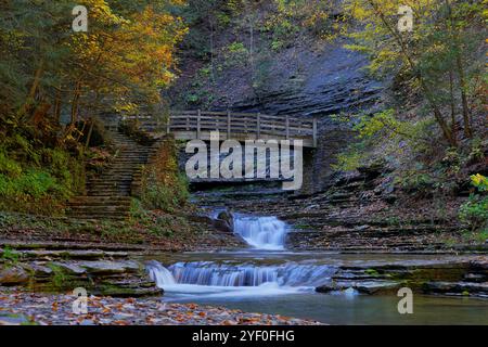 Chutes d'eau sous le pont le long de la gorge Trail dans le Stony Brook State Park à New York Banque D'Images