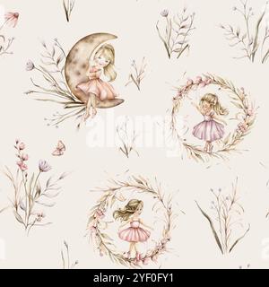 Modèle sans couture avec de jeunes ballerines et des plantes boho couronne élégante. Fille d'illustration dessinée à la main en robe rose et cheveux blonds assis sur la lune. Mignon Banque D'Images