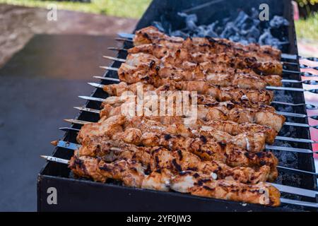 Gros plan de brochettes de viande grillées sur un barbecue au charbon Banque D'Images