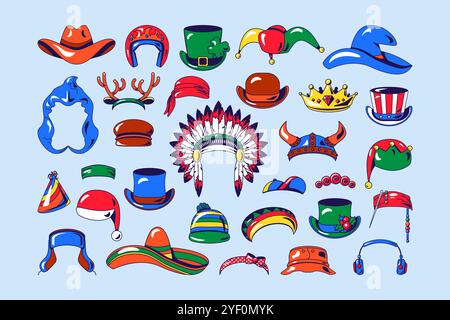 Ensemble d'illustrations de chapeaux graphiques vectoriels dans le style de bande dessinée. Uniforme, vintage, coiffe rétro pour différentes occasions. Collection clipart Headwear Illustration de Vecteur