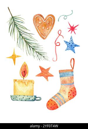 Ensemble d'illustrations pour le nouvel an et Noël. Ensemble de décorations de Noël isolé sur un fond blanc. Illustration aquarelle : chaussette, cadeau Banque D'Images