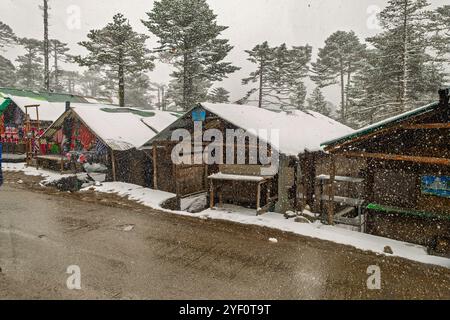 Couvertures de neige cabines en bord de route lors du voyage pittoresque à Zero point dans le Sikkim, en Inde, au milieu d'un cadre hivernal paisible. Banque D'Images