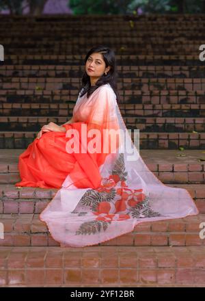 Une dame portant un saree fleuri coloré Banque D'Images