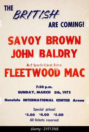 Les Britanniques arrivent ! Fleetwood Mac, Savoy Brown, John Baldry 1972 Honolulu, Hawaii - affiche de concert vintage Banque D'Images