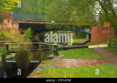 Caldon canal Waterway peinture à l'huile numérique d'une écluse au pont 25 pendant l'automne à Stockton Brook, Angleterre, Royaume-Uni. Banque D'Images