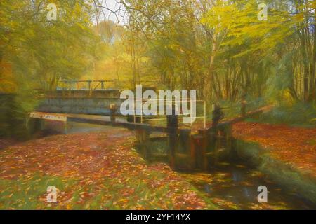 Caldon canal Waterway peinture à l'huile numérique d'une écluse au pont 25 pendant l'automne à Stockton Brook, Angleterre, Royaume-Uni. Banque D'Images