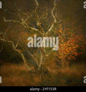 Peinture à l'huile numérique d'un bouleau argenté avec arbre d'automne et couleurs de feuilles au Stockton Brook dans le Staffordshire, Royaume-Uni. Banque D'Images