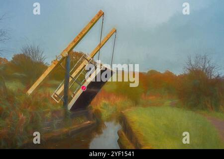 Illustration numérique du pont 23 en position surélevée sur la voie navigable du canal Caldon à Stockton Brook en automne. Banque D'Images