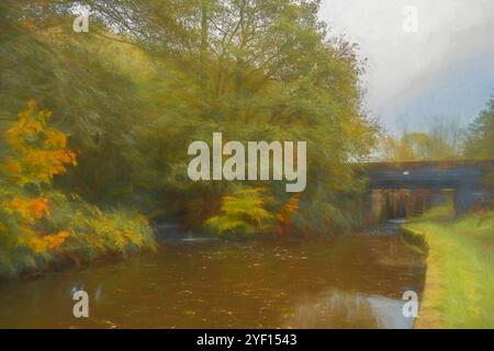 Bridge 24 peinture à l'huile numérique sur la voie navigable du canal Caldon en automne à Stockton Brook, Angleterre, Royaume-Uni. Banque D'Images