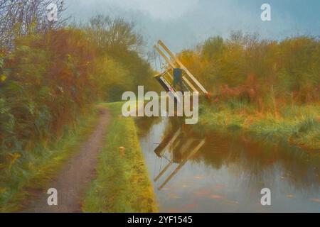 Illustration numérique du pont 23 en position surélevée sur la voie navigable du canal Caldon à Stockton Brook en automne. Banque D'Images