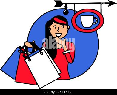 Une femme de shopping portant plusieurs sacs, contemplant l'idée de se diriger vers un café en plein air pour une illustration de dessin animé vecteur de pause relaxante. Idée de Illustration de Vecteur