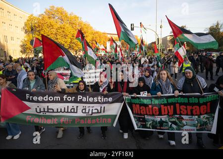 Berlin, Allemagne. 02 novembre 2024. De nombreuses personnes participent à une manifestation pro-palestinienne avec des drapeaux et des banderoles. Plusieurs centaines de personnes ont manifesté leur solidarité avec la Palestine. Entre autres choses, ils ont exigé la fin de la fourniture d'armes à Israël et la fin de la guerre dans la bande de Gaza. Crédit : Christophe Gateau/dpa/Alamy Live News Banque D'Images