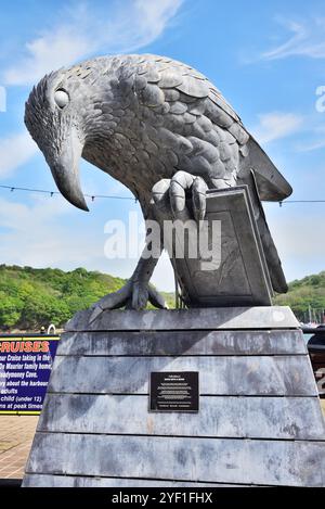 Rook with a Book Metal sculpture par père et fils sculpteurs Gary et Thomas Thrussell, sur le quai à Fowey, Cornwall. Banque D'Images