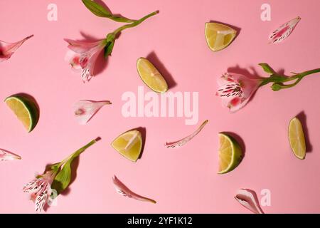 Maquette créative mise en page faite de fleurs et de limeta sur fond rose pastel. Concept de pose à plat maison. Banque D'Images