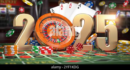 Bonne année 2025 au casino. Numéros 2025 de la roulette, casiino jetons avec dés et carte sur la table verte. illustration 3d. Banque D'Images