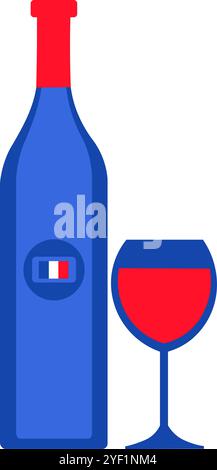 Une illustration vectorielle vibrante d'une bouteille et d'un verre de vin rouge aux couleurs du drapeau français dans un style de dessin animé. Festivals culturels français, événement culinaire Illustration de Vecteur