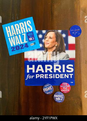 Un collage de boutons et d'affiches de campagne de Harris Walz, élection présidentielle américaine de novembre 2024. Banque D'Images