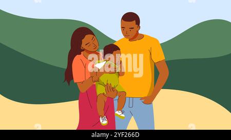 Maman et papa africains avec un enfant traînant à l'extérieur. Mère portant son fils, famille heureuse. Illustration vectorielle parentale Illustration de Vecteur