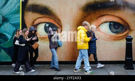 Londres, Royaume-Uni. 02 novembre 2024. De longues files d'attente se sont formées pour l'entrée à la Galerie nationale, les visiteurs attendant patiemment tout le long de la clôture de construction temporaire qui présente des images colorées. Le musée présente actuellement une exposition Van Gogh, ainsi que d'autres collections. Crédit : Imageplotter/Alamy Live News Banque D'Images