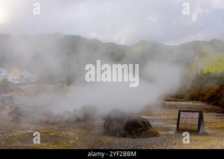 Au cœur du village de Furnas, un chaudron d’activité géothermique fait remonter à la surface, avec des bassins de boue fumante et des bouches siffantes libérant un sulfu Banque D'Images