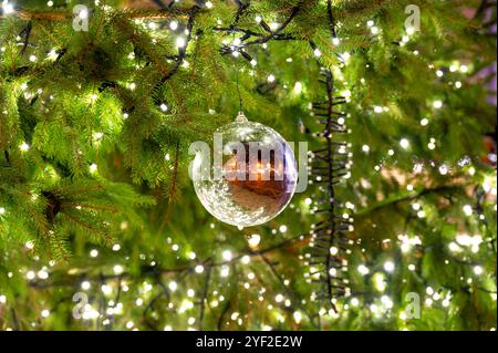 Un bel ornement en verre accroché à un arbre de Noël, reflétant l'atmosphère animée de la place à Pilsen, capturant l'essence de la fête Banque D'Images
