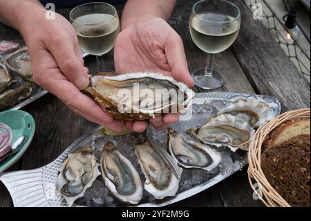 Manger des huîtres fraîches vivantes avec du citron et du pain au café de ferme en plein air dans le village ostréicole, bassin d'Arcachon, port de Gujan-Mestras, Bordeaux, Fran Banque D'Images