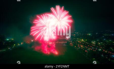 Deux feux d'artifice roses éclatent au-dessus d'un champ vert foncé, avec une ville éclairée en arrière-plan. Banque D'Images