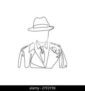 Homme mystérieux en chapeau et manteau dans un style de dessin de ligne. Concept anonyme et sans visage. Illustration vectorielle dessinée à la main. Illustration de Vecteur