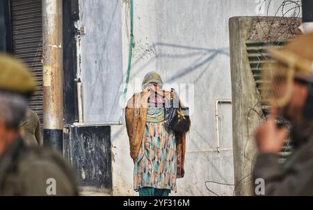 Srinagar, Inde. 02 novembre 2024. Une musulmane cachemire supplie un policier indien de la laisser traverser la route alors qu’il monte la garde près du site d’une fusillade entre des militants présumés et les forces indiennes, le 2 novembre 2024 à Srinagar, en Inde. Les forces indiennes ont tué deux militants présumés dans une fusillade samedi dans le district d'Anantnag au Cachemire. Lors d'une autre rencontre à Srinagar, la police et les forces paramilitaires ont tué un autre militant, et quatre membres du personnel de sécurité ont été blessés. (Photo de Mubashir Hassan/Pacific Press) crédit : Pacific Press Media production Corp./Alamy Live News Banque D'Images