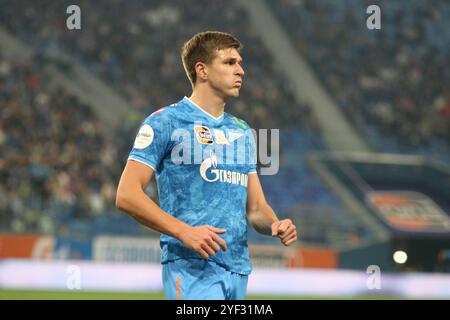 Saint-Pétersbourg, Russie. 02 novembre 2024. Aleksandr Sobolev (7 ans) de Zenit vu en action lors du match de premier League russe entre Zenit Saint-Pétersbourg et Dinamo Makhachkala à Gazprom Arena. Score final : Zenit 2:1 Dinamo. (Photo de Maksim Konstantinov/SOPA images/SIPA USA) crédit : SIPA USA/Alamy Live News Banque D'Images