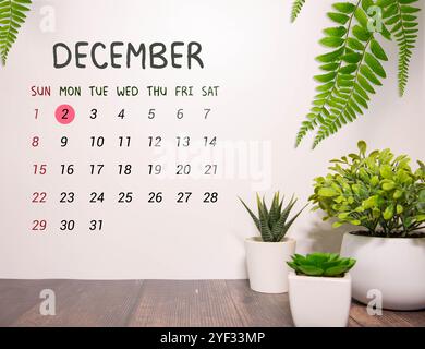 Pot de fleurs et calendrier pour la saison des neiges à partir du 02 décembre. Hiver Banque D'Images