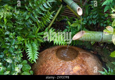 Un générateur de bruit shishi-odoshi thumper fait partie de l'eau dans un jardin japonais à l'origine destiné à effrayer les animaux de détruire les cultures. Banque D'Images