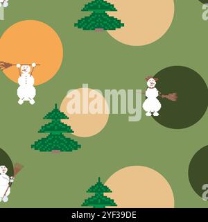 Motif pixel de Noël avec bonhommes de neige et sapins Illustration de Vecteur