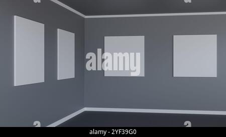 Mur d'angle dans la galerie d'art minimaliste avec quatre grandes toiles vierges. Espace d'exposition propre et élégant pour les présentations d'art. Banque D'Images